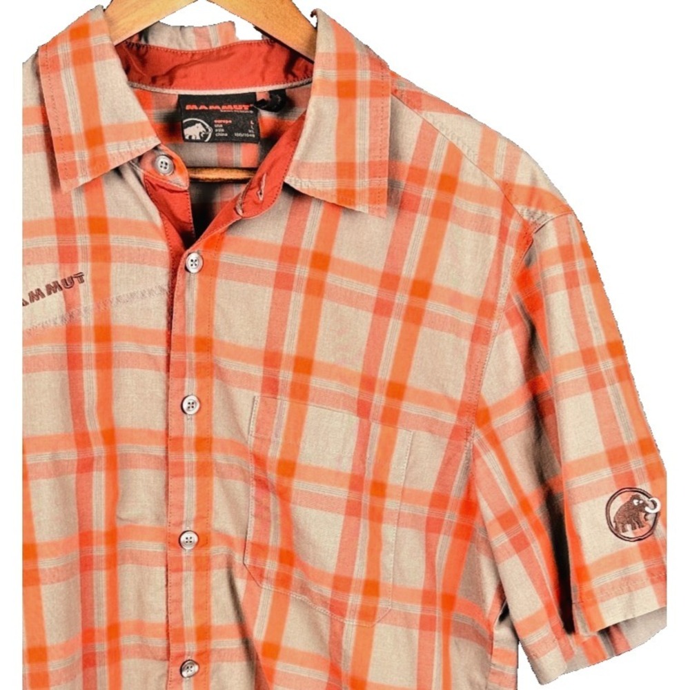 Mammut Plaid Hiking Shirt Mens Large Orange Grey Button Up Short Sleeve
